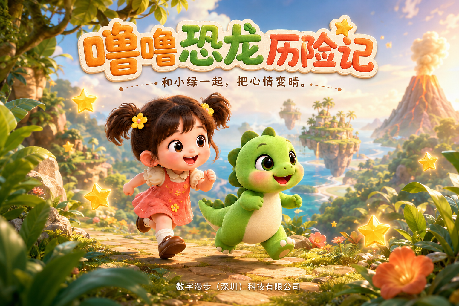 噜噜和绿色小恐龙一起奔跑在梦幻森林中，噜噜恐龙历险记游戏封面